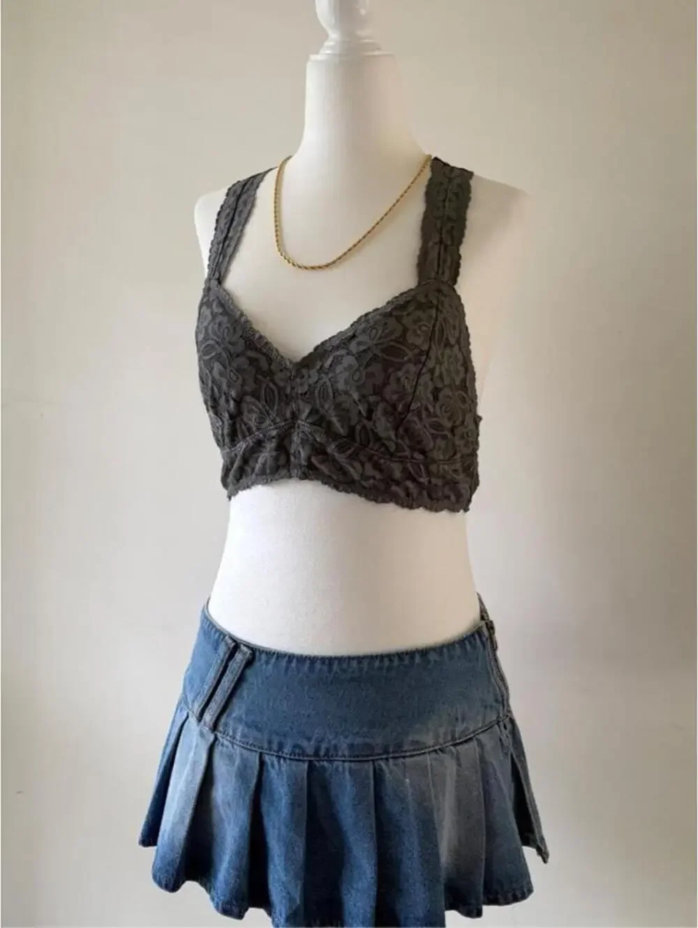 Y2K Gray Lace Racerback Bralette - Coquette Fairycore Grunge Crop Top